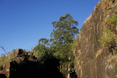 Low angle view of rocks against clear blue sky