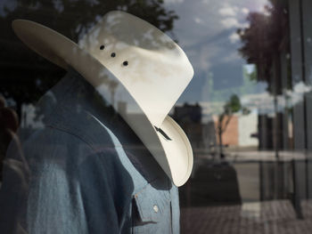 Close-up of hat and denim for display at store