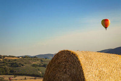 Hot air balloons flying over landscape against clear sky