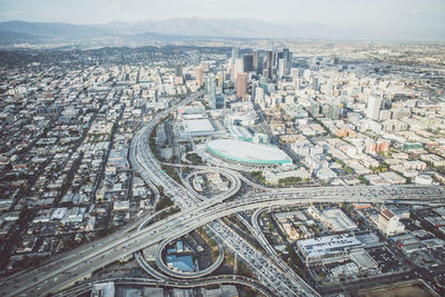 High angle view of modern city street and buildings