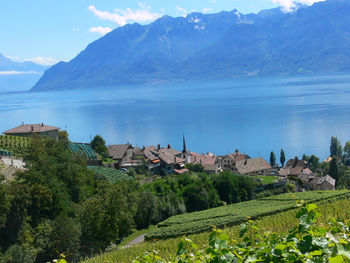 Scenic view of green hill against mountains and lake on sunny day