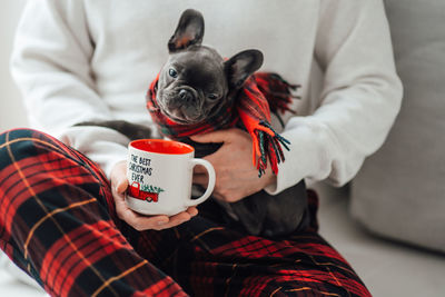 Midsection of man with dog