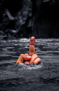 Close-up of person showing middle finger in water