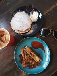 High angle view of breakfast served on table