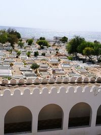 High angle view of built structure against clear sky