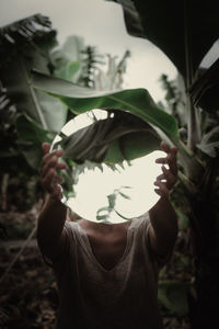 Rear view of woman holding plant