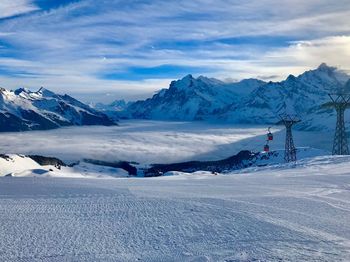 View of overhead cable car on snowcapped mountains against sky