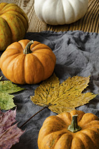 High angle view of pumpkin on table during autumn