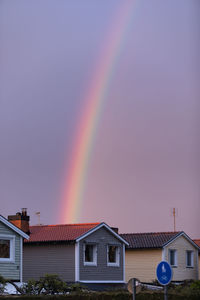 Rainbow over house in cloudy sky during sunset