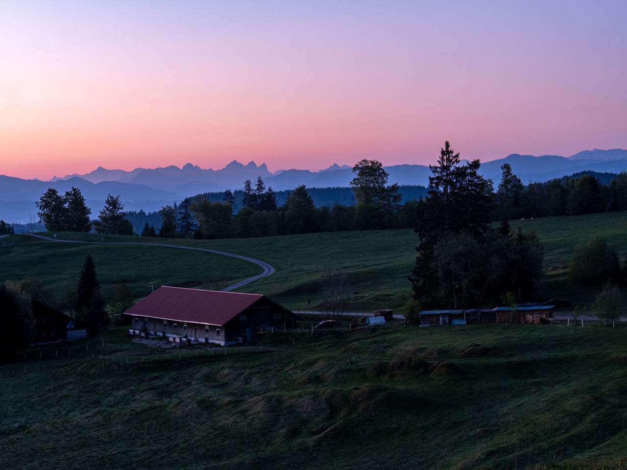 sunset, sky, scenics - nature, beauty in nature, environment, tranquility, plant, tranquil scene, landscape, mountain, field, tree, nature, land, non-urban scene, orange color, idyllic, no people, grass, outdoors