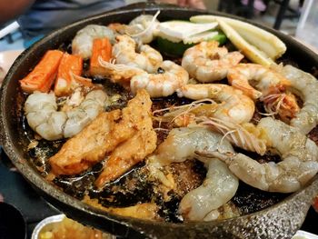 High angle view of seafood in plate on table