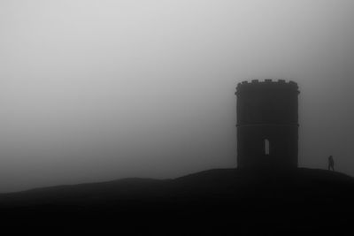 Low angle view of tower against sky at dusk