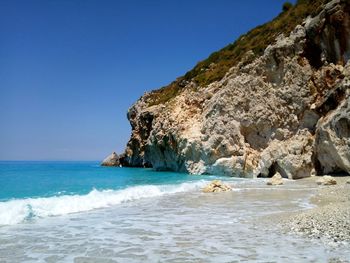 Scenic view of sea against clear blue sky