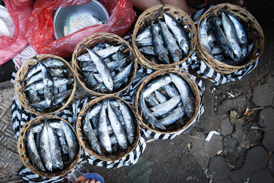 High angle view of fish for sale in market