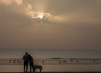 Rear view of silhouette people walking on beach against sky during sunset