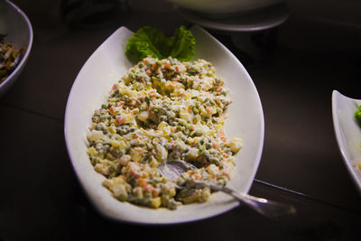 High angle view of meal served on table