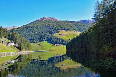 Scenic view of lake by mountain against sky