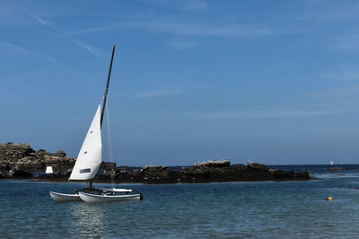 Sailboat sailing on sea against sky