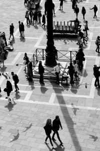 High angle view of people on street