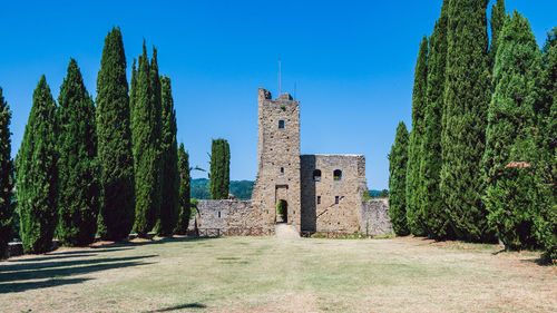 Panoramic view of old building against clear blue sky