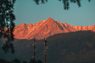 Scenic view of snowcapped mountains against clear sky