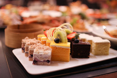 Close-up of dessert served on table