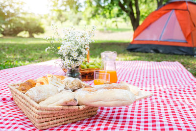 Close-up of breakfast served in basket on picnic blanket at park