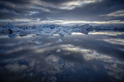 Aerial view of frozen landscape against sky