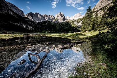 Scenic view of lake and mountains against sky