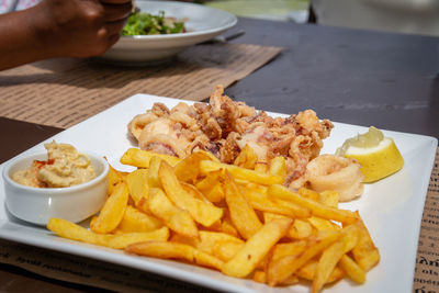 Close-up of food served on table