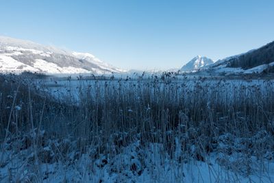 Scenic view of snowcapped mountains against sky