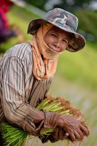 Portrait of smiling young woman in basket