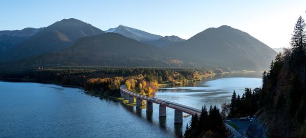 Scenic view of river and mountains against clear sky