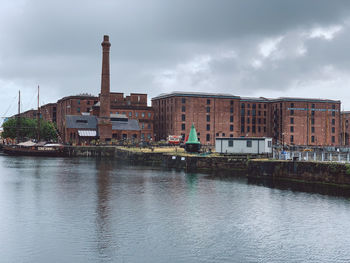 River by buildings against sky