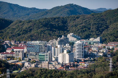 High angle view of townscape and mountains against sky