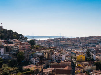 High angle view of houses in city against clear sky