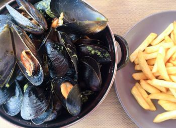 High angle view of seafood in plate on table