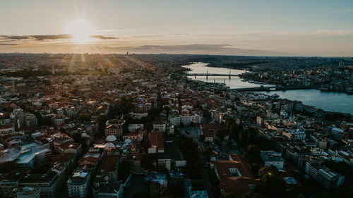 High angle view of townscape against sky during sunset