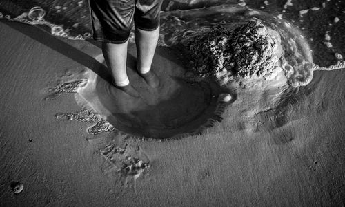 Low section of person in sand on shore