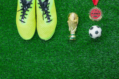 Directly above shot of sports shoes with trophy and ball on soccer field