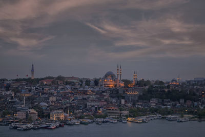 Buildings in city against cloudy sky during sunset