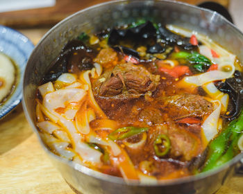 High angle view of noodles in bowl on table