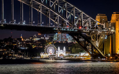 Bridge over river in city at night