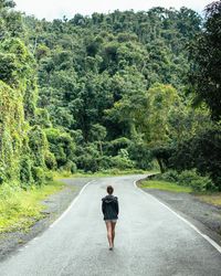 Rear view of man walking on road amidst trees