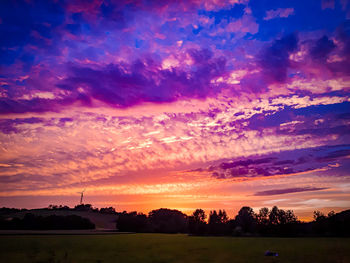 Silhouette trees on field against sky at sunset