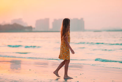 Rear view of woman standing at beach during sunset