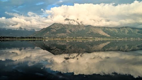 Panoramic view of lake and mountains against sky