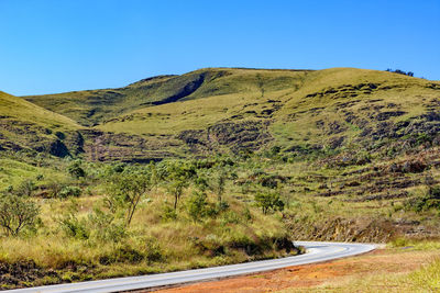 Scenic view of field against clear blue sky