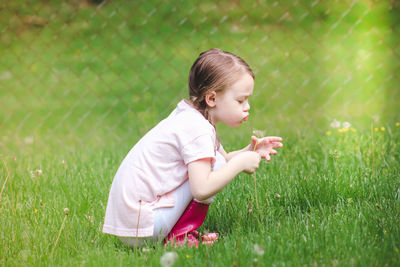 Side view of girl blowing dandelion while crouching on grassy field