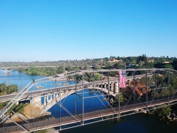 Bridge over river against clear blue sky